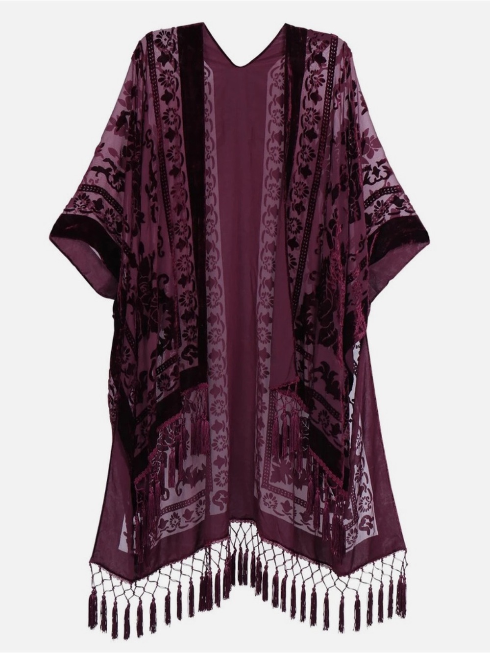 Ky Soreco Burgundy Velvet Burnout Kimono | Duster | Fringe | Floral | OSFA